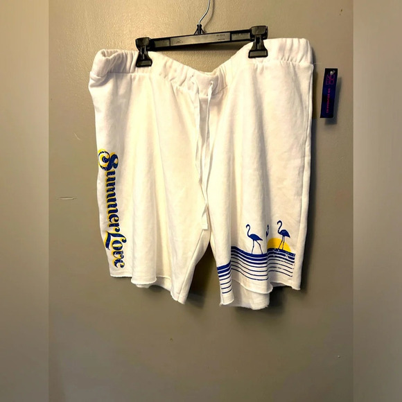 No Boundaries Pants - White summer lounge fleece shorts - pull on style Bermuda length summer print